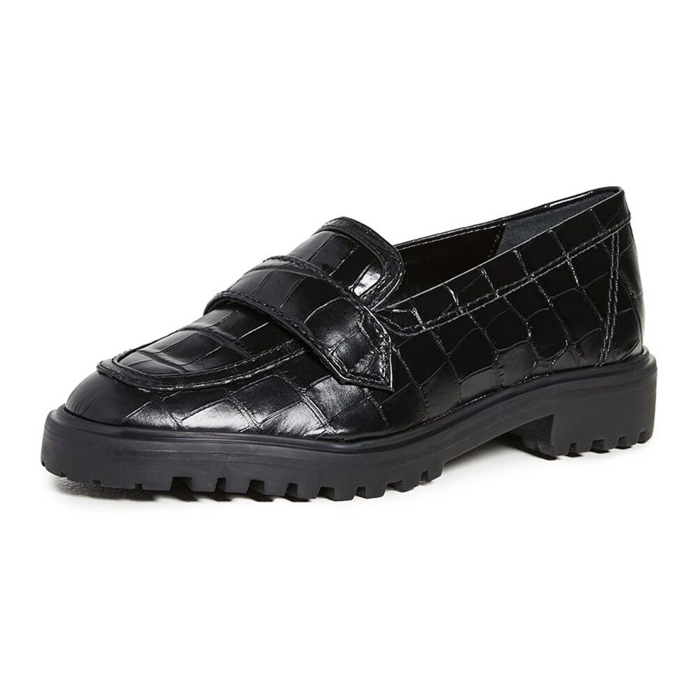 Schutz Kristine Croc Embossed Black Leather Loafers